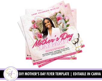 May include: A pink and white flyer with a photo of a woman in a white dress and a bouquet of pink roses. The flyer advertises a Mother's Day party with bottomless mimosas, door prizes, and all you can eat. The text on the flyer reads "Mother's Day Party" and "Sunday May 14th, 2023".