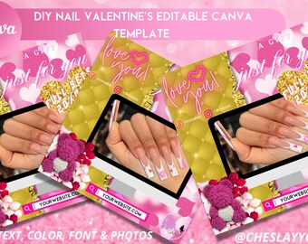 May include: A Canva template for Valentine's Day nail art featuring a pink and gold background with hearts, a teddy bear, and a hand model wearing pink and white nail designs. The text "A gift just for you" and "Full sets 20% off" is displayed on the template. The text "love you" is displayed in a pink neon font.