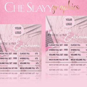 May include: Pink and white price list for lash extensions. The list includes prices for classic full set, hybrid full set, volume full set, mega volume full set, classic fill, hybrid fill, volume fill, mega volume fill, and lash lifts.