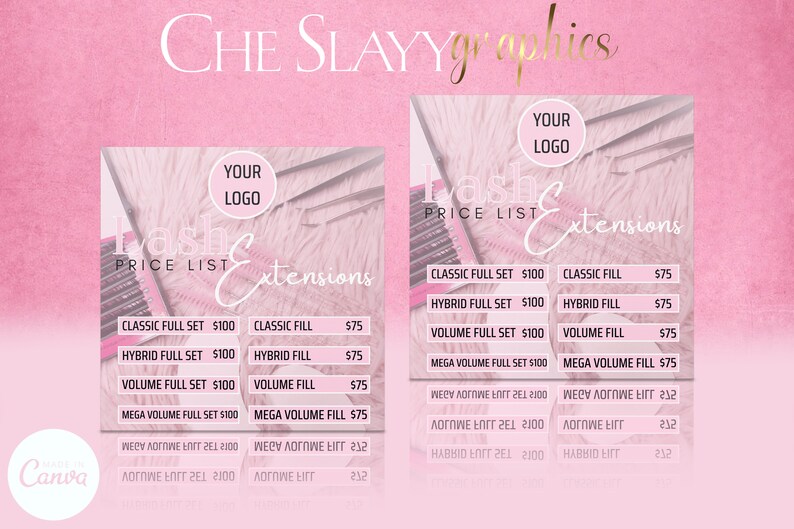 May include: Pink and white price list for lash extensions. The list includes prices for classic full set, hybrid full set, volume full set, mega volume full set, classic fill, hybrid fill, volume fill, mega volume fill, and lash lifts.