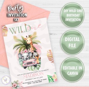 Wild One Invitation, Editable Safari Birthday Invitation, Girl Wild One Invitation, Jungle Animals Invitation, 1st Birthday Invitation,