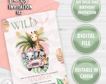 Wild One Invitation, Editable Safari Birthday Invitation, Girl Wild One Invitation, Jungle Animals Invitation, 1st Birthday Invitation,