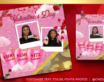 May include: A pink Valentine's Day advertisement with two photos of a woman holding false eyelashes. The ad includes text that says "Valentine's Day Lash Deals" and price points for different lash styles. The bottom of the ad says "Customize Text, Color, Font & Photos".
