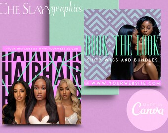May include: Two Instagram post designs for a hair business. The first post features three women with different hairstyles and the text "HAIR HAIR HAIR" in black and green. The second post features two women with long black hair and the text "BOOK THE LOOK SHOP WIGS AND BUNDLES" in green. Both posts include the website address "WWW.YOUR WEBSITE.COM".