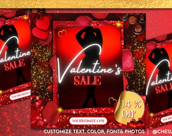May include: A Valentine's Day sale graphic with a red background, gold glitter, and red rose petals. The graphic features a silhouette of a person with the text "Valentine's Sale" and "14% Off".