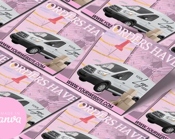 May include: Pink and white graphic with a white van and boxes, a map, and the text "Orders Have Shipped" and "www.yourwebsite.com".