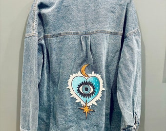 Benutzerdefinierte Pailletten Mond und Sterne Patch lange Jeansjacke