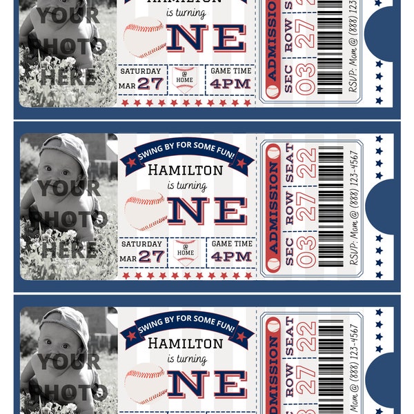 Baseball Ticket 1st Birthday Invitation Editable Digital Download with Picture