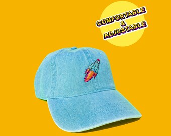 Retro Rocket Embroidered Denim Dad Hat - Space Lover Gift