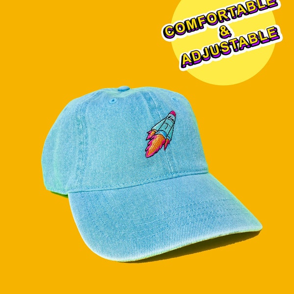 Retro Rocket Denim Dad Hat, Embroidered Denim Blue Hat, Adjustable Unisex Baseball Hat for Space Lovers, Nerdy Space Gift For Men and Women