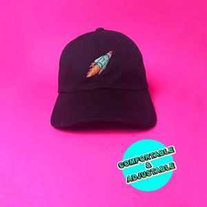 Retro Rocket Dad Hat, Embroidered Black Dad Hat, Adjustable Unisex Baseball Hat for Space Lovers, Nerdy Space Gift For Men and Women