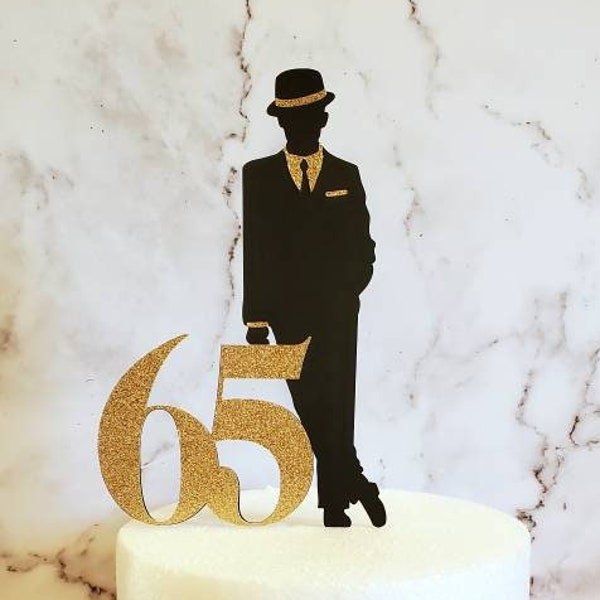 Man Wearing Hat Standing Next To Age Cake Topper, Man in Suit, Men's Birthday Cake Topper, Customizable