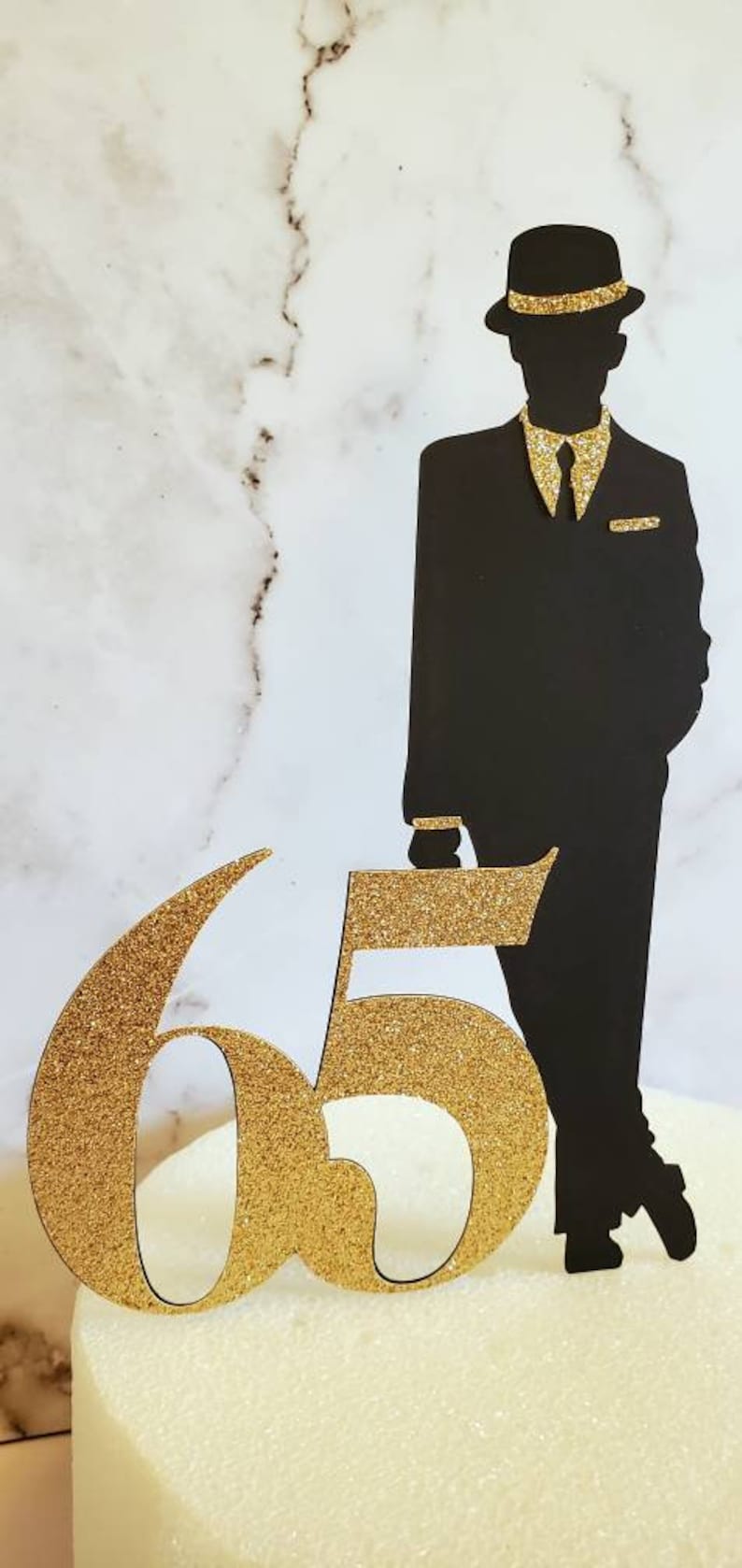 Man Wearing Hat Standing Next to Age Cake Topper, Man in Suit, Men's Birthday Cake Topper