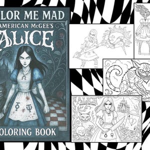 Puede incluir: Un libro para colorear "Color Me Mad" con Alicia de American McGee. La portada muestra a Alicia con un cuchillo, un gato de Cheshire amenazante y elementos góticos. Páginas adicionales muestran ilustraciones lineales para colorear.