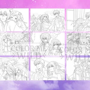 May include: Nine-panel coloring book page featuring various anime-style illustrations of couples. Each panel depicts a different scene, with characters in romantic or friendly poses. The images are outlined in black and white.