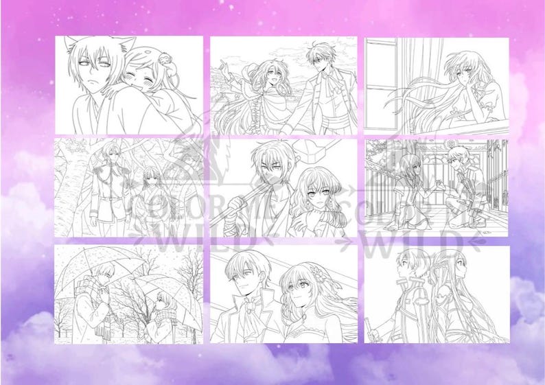 May include: Nine-panel coloring book page featuring various anime-style illustrations of couples. Each panel depicts a different scene, with characters in romantic or friendly poses. The images are outlined in black and white.