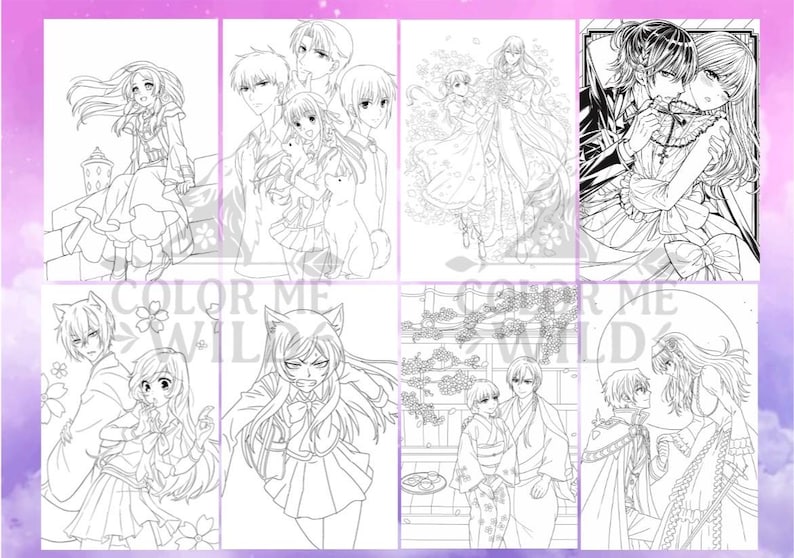 May include: A collection of eight black and white manga-style illustrations, featuring various characters in romantic and dramatic scenes. The phrase "COLOR ME WILD" is printed across the bottom of the image.