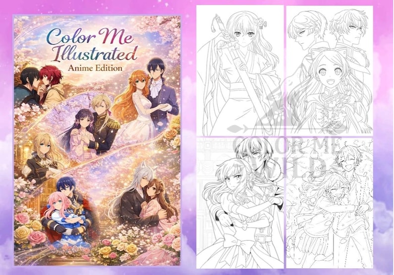 May include: A coloring book titled "Color Me Illustrated Anime Edition" with a colorful cover featuring anime characters. The book includes several black and white line drawings of anime characters for coloring.