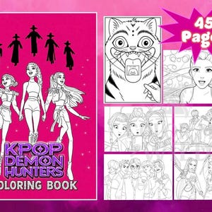 May include: A Kpop Demon Hunters coloring book with a bright pink cover featuring three illustrated characters and five black silhouettes. The cover includes the title text and a starburst graphic stating 45 Pages. The interior shows various line art scenes.