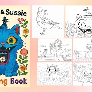 Peut inclure: La couverture d'un "Derpy & Sussie Coloring Book" présente un chat bleu de dessin animé avec un oiseau, entouré de fleurs. À l'intérieur de la bouche du chat se trouve un canard. Plusieurs pages à colorier en noir et blanc sont affichées.