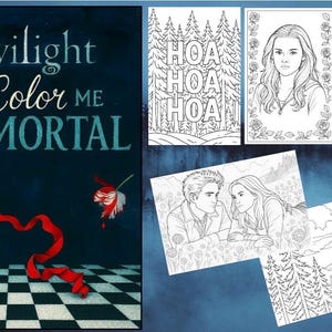 Puede incluir: Una colección de libros para colorear y una portada de libro. La portada del libro dice "Twilight Color Me Immortal" con una manzana, una pieza de ajedrez y una cinta. Las páginas para colorear presentan personajes y escenas de la serie Crepúsculo.