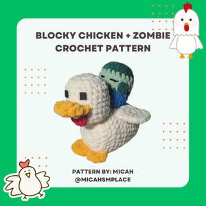 Puede incluir: Un pato de ganchillo con un zombi a la espalda. El pato es blanco con pico y patas amarillas, y lengua roja. El zombi es verde y azul. El texto dice "BLOCKY CHICKEN + ZOMBIE CROCHET PATTERN".