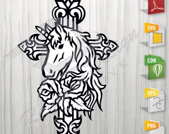 Unicorn and Cross | Unicorn, Stencil, Outline, SVG, Vector Cut file for Printing, Cutting, Engraving.