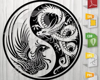 Dragon and Phoenix Yin Yang |  Stencil, Outline, SVG, Vector Cut file for Printing, Cutting, Engraving.