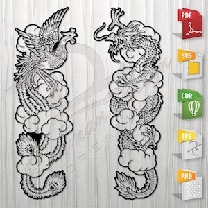 Dragon & Phoenix Chinese |  Stencil, Outline, SVG, Vector Cut file for Printing, Cutting, Engraving.