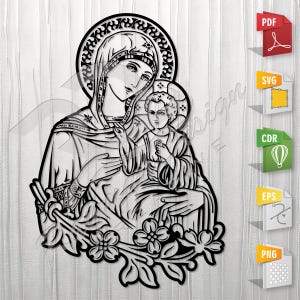 Ukrainian Virgin with Jesus | Panagia, Orthodox, Mother of God, Stencil, Outline, SVG, Vector Cut file for Printing, Cutting, Engraving.