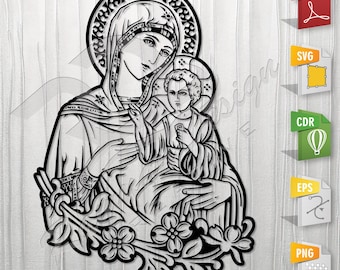 Ukrainian Virgin with Jesus | Panagia, Orthodox, Mother of God, Stencil, Outline, SVG, Vector Cut file for Printing, Cutting, Engraving.