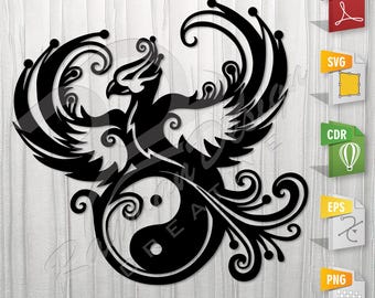 Yin & Yang Chinese Phoenix | Tattoo, Outline, SVG, Vector Cut file for Printing, Cutting, Engraving.