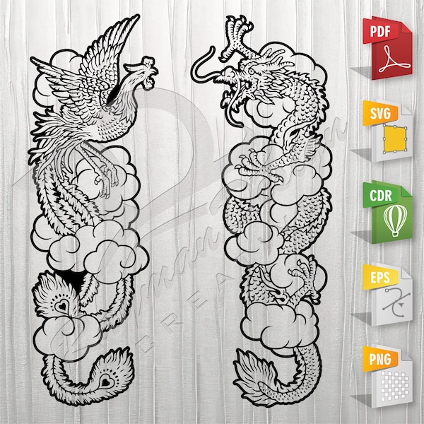 Dragon & Phoenix Chinese |  Stencil, Outline, SVG, Vector Cut file for Printing, Cutting, Engraving.