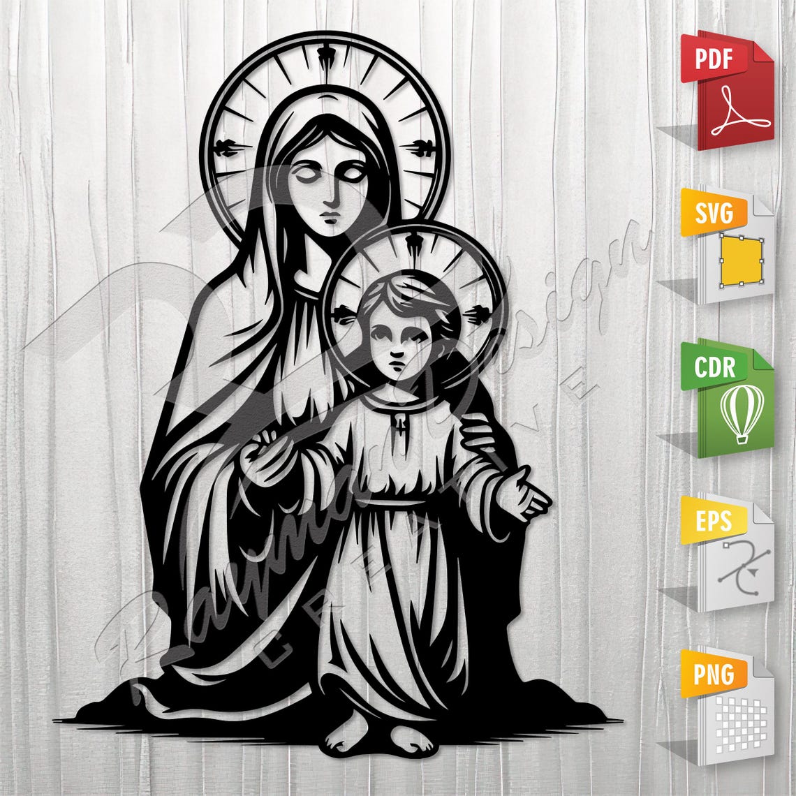 Virgin Mary and Jesus Stencil, Outline, SVG, Vector Cut File