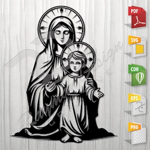 Virgin Mary and Jesus | Stencil, Outline, SVG, Vector Cut file for Printing, Cutting, Engraving.