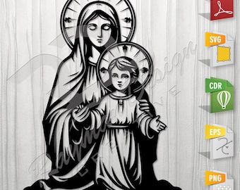 Virgin Mary and Jesus | Stencil, Outline, SVG, Vector Cut file for Printing, Cutting, Engraving.