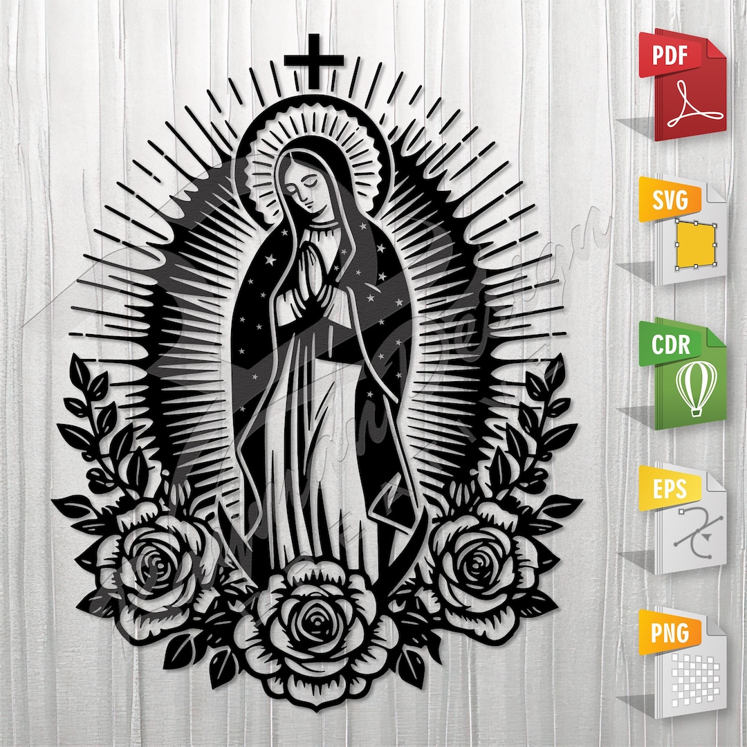 Virgin Mary and Flowers | Stencil, Outline, SVG, Vector Cut File for ...