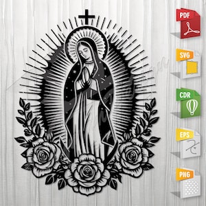 Op de afbeelding: Zwart-wit lasergesneden ontwerp met een religieuze figuur met gevouwen handen, omringd door een halo en stralen. Een kruis staat bovenaan, rozen onderaan. Geschikt voor wandkunst of knutselprojecten.