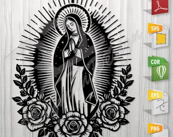 Virgin Mary and Flowers | Stencil, Outline, SVG, Vector Cut file for Printing, Cutting, Engraving.