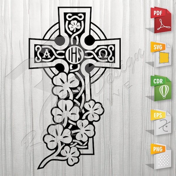 Celtic Cross with Shamrock | Irish Cross, Stencil, Outline, SVG, Vector Cut file for Printing, Cutting, Engraving.