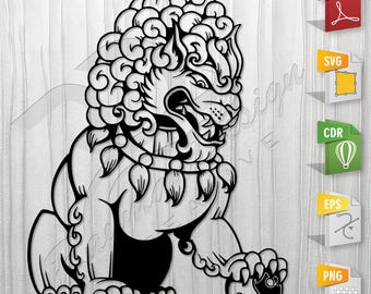 Chinese Guardian Lion |  Stencil, Outline, SVG, Vector Cut file for Printing, Cutting, Engraving.