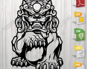 Chinese Guardian Lion |  Stencil, Outline, SVG, Vector Cut file for Printing, Cutting, Engraving.