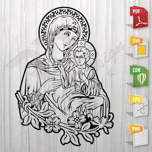 Ukrainian Virgin with Jesus | Panagia, Orthodox, Mother of God, Stencil, Outline, SVG, Vector Cut file for Printing, Cutting, Engraving.