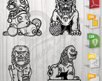 Chinese Guardian Lions |  Stencil, Outline, SVG, Vector Cut file for Printing, Cutting, Engraving.