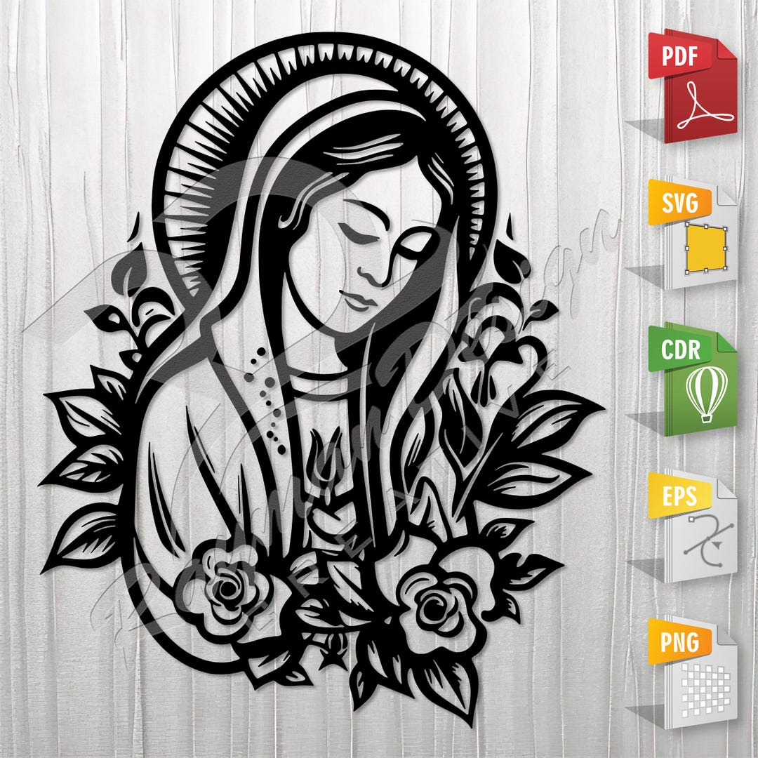 Virgin Mary and Flowers | Stencil, Outline, SVG, Vector Cut File for ...