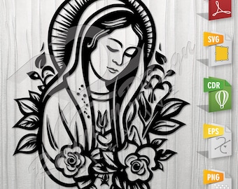 Virgin Mary and Flowers | Stencil, Outline, SVG, Vector Cut file for Printing, Cutting, Engraving.