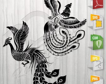 Phoenix Chinese |  Stencil, Outline, SVG, Vector Cut file for Printing, Cutting, Engraving.