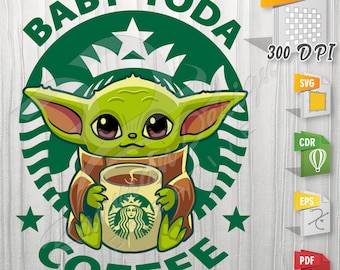 Baby Yoda StarBucks | Sublimation Design, Cricut - Silhouette, Grogu, SVG Yoda, Vector - T-Shirt, Mug, Transparent background