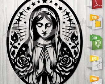 Virgin Mary and Flowers | Stencil, Outline, SVG, Vector Cut file for Printing, Cutting, Engraving.