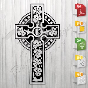 Celtic Cross and Shamrock | Irish Cross, Stencil, Outline, SVG, Vector Cut file for Printing, Cutting, Engraving.
